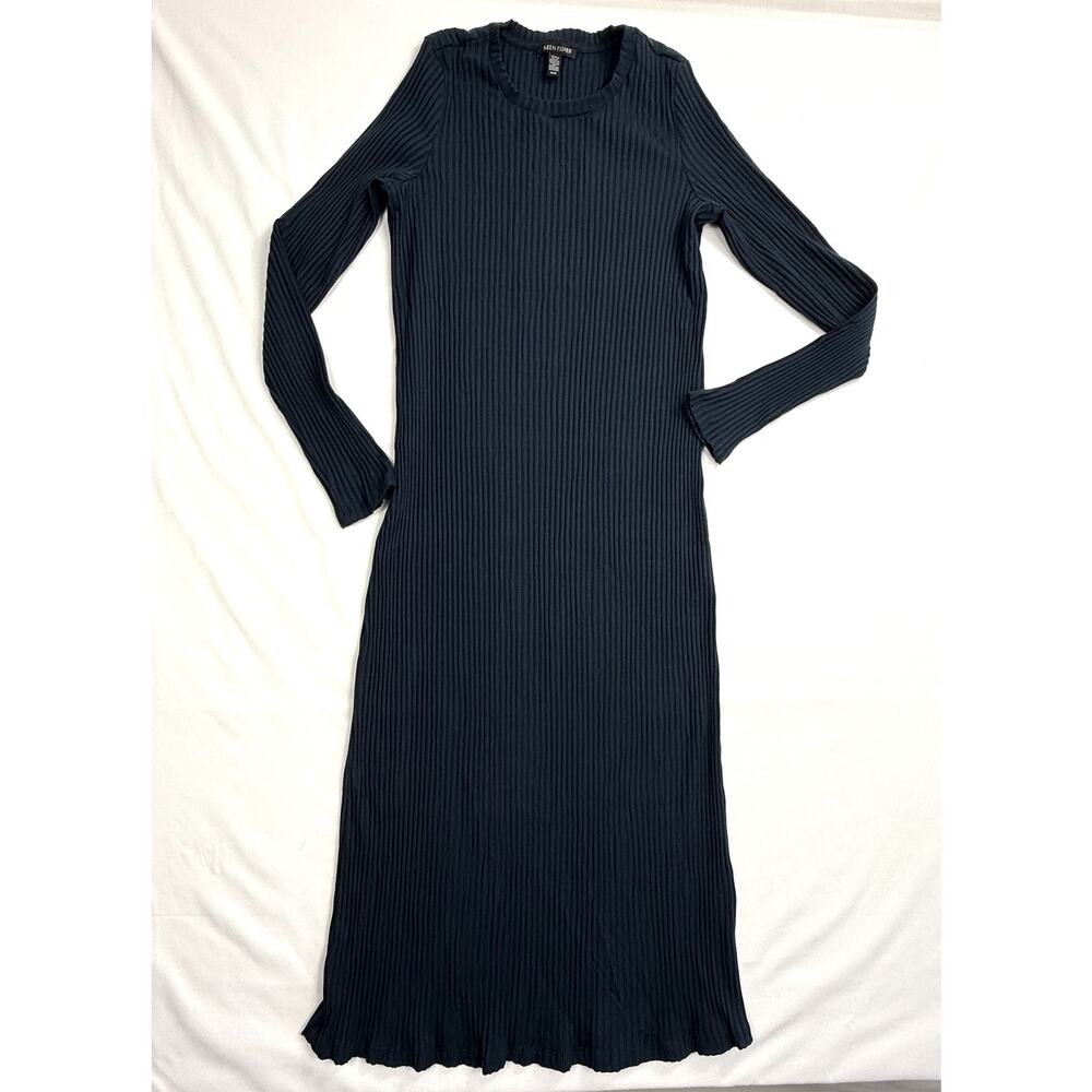 Eileen Fisher Sz M Navy Blue Textured Stretch Rib Crew Neck Dress MSRP $127 - Picture 2 of 9